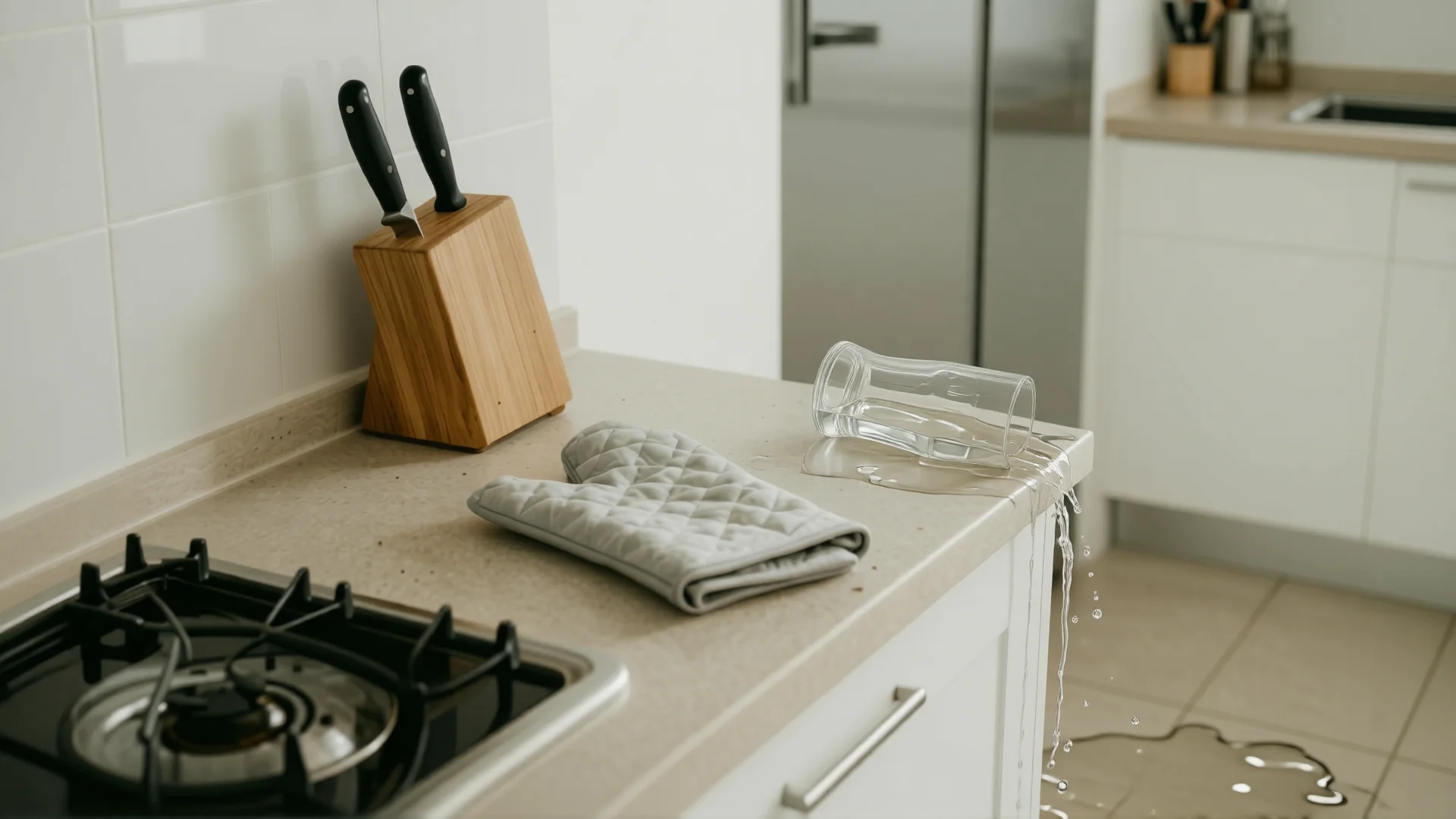 A modern kitchen counter with a gas stove, wooden knife block, folded oven mitt, and an overturned glass spilling water onto the floor.