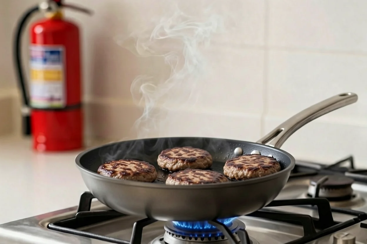 Four burger patties sizzling in a frying pan over a blue gas flame with smoke rising and a red fire extinguisher blurred in the background.
