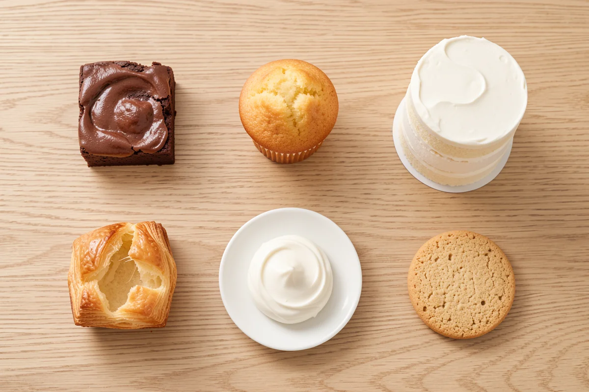 Flat-lay of assorted baked goods—a chocolate brownie, muffin, frosted layer cake, flaky pastry, sugar cookie, and a dollop of whipped cream—arranged on a light wood surface.