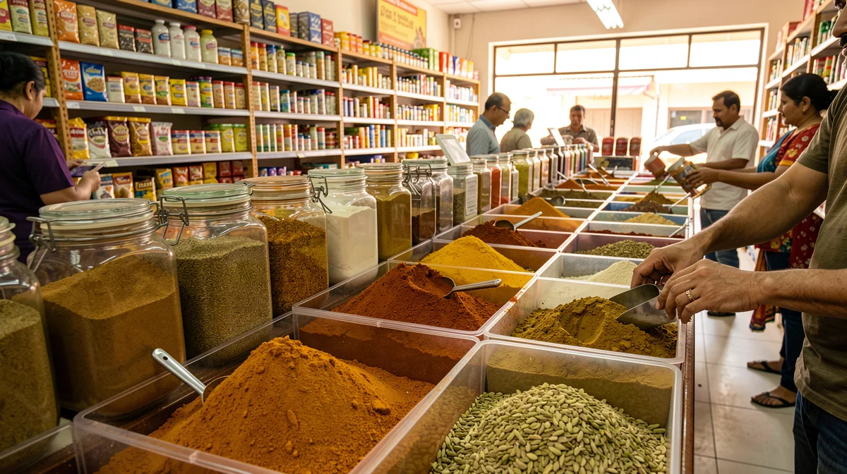 A view of a spice market counter with bins of colorful powders and seeds in the foreground while customers shop among shelves of packaged goods in the background.