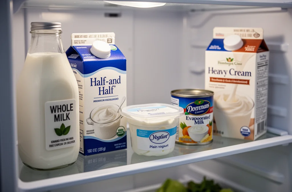 A refrigerator shelf holding a glass bottle of whole milk, a carton of half-and-half, a tub of plain yogurt, a can of evaporated milk, and a carton of heavy cream.