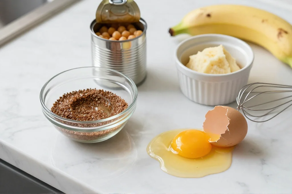 Flaxseed egg, cracked raw egg, mashed banana, canned chickpeas, and a banana arranged on a marble countertop with a whisk.