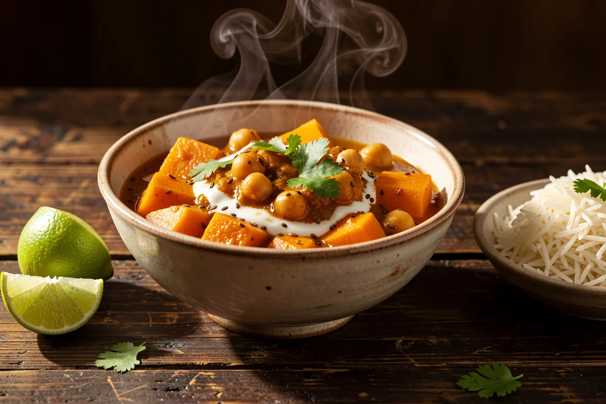 A steaming ceramic bowl of orange curry with chickpeas, butternut squash cubes, and a cilantro garnish sits beside a small bowl of white rice and lime wedges on a rustic wooden table.