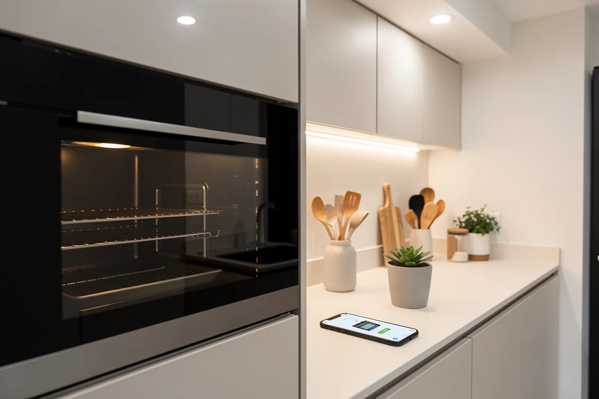 A modern kitchen featuring a built-in black oven with lit interior racks beside a white countertop holding wooden utensils, small potted plants, and a smartphone.